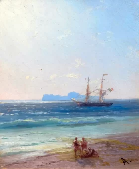 View from the coast towards the sea with two-master