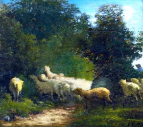 Sheep Grazing Along a Hedgerow