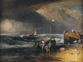 La femme au grand chapeau 1919 A Coast Scene with Fishermen Hauling a Boat Ashore