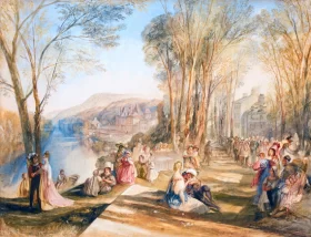 Wooded Rocky Landscape with Mounted Peasant, Drover and Cattle Palace of La Belle Gabrielle 1830