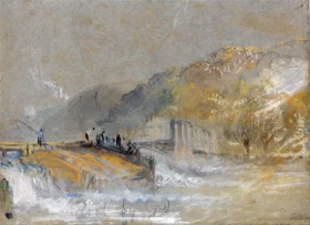 Foul by God- River Landscape with Anglers Fishing From a Weir 1830