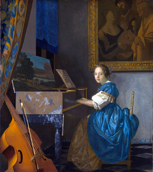 A young woman seated at a virginal