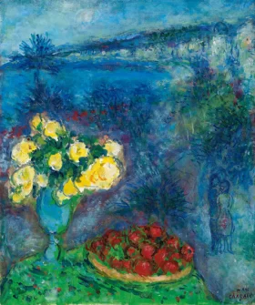 Fleurs et fruits devant la mer