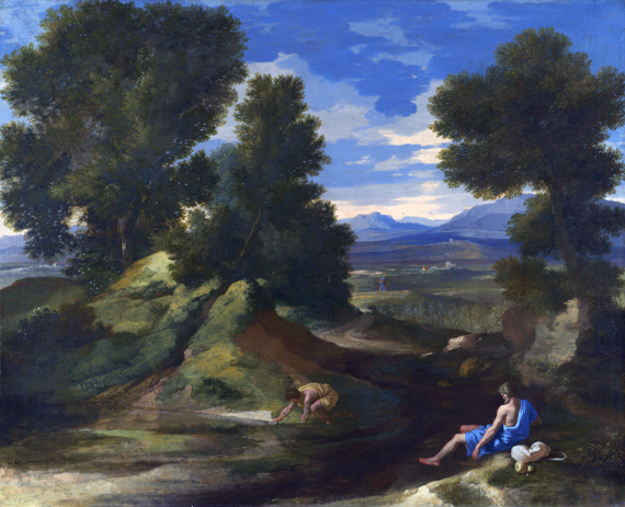 Landscape with a Man scooping Water from a Stream 1637 by Nicolas Poussin, oil painting reproduction on canvas Landscape with a Man scooping Water from a Stream 1637