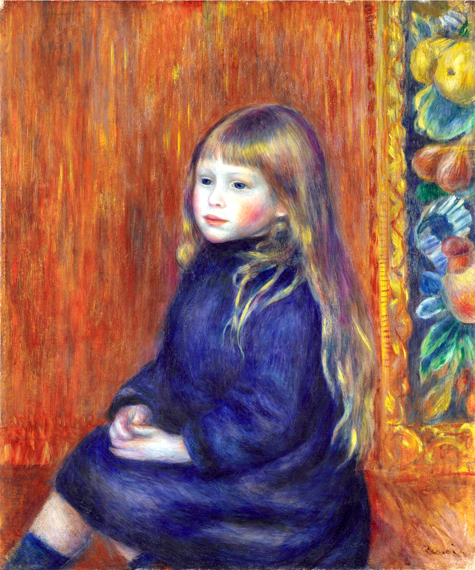 Enfant Assis En Robe Bleue