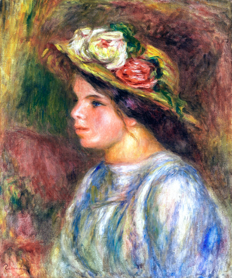 Buste De Femme, Chapeau De Paille Garni by Pierre Auguste Renoir, oil painting reproduction on canvas Buste De Femme, Chapeau De Paille Garni