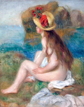 Nu Au Chapeau De Paille Assis En Bordure De Mer