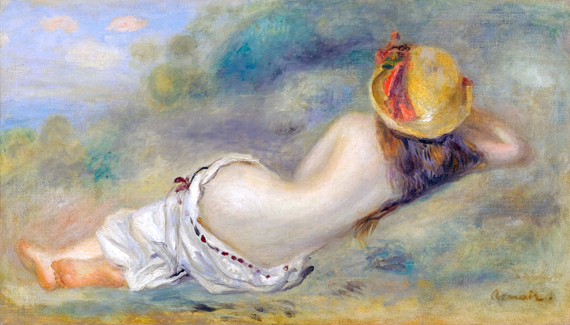 Baigneuse Allongée De Dos Avec Un Chapeau De Paille 1892 by Pierre Auguste Renoir, oil painting reproduction on canvas Baigneuse Allongée De Dos Avec Un Chapeau De Paille 1892