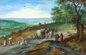 Placeholder-FB0249 A Panoramic Landscape With A Covered Wagon And Travelers On A Highway