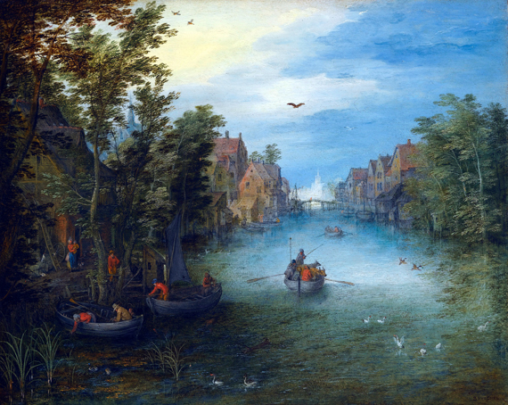 A River Running Through A Small Town, With A Cattle Ferry On The Water And Rowing Boats Setting Off From The Left Bank by Pieter Bruegel the elder, oil painting reproduction on canvas A River Running Through A Small Town, With A Cattle Ferry On The Water And Rowing Boats Setting Off From The Left Bank