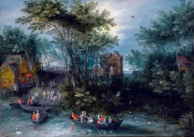 The Cheat with the Ace of Clubs A Wooded Landscape With Peasants Crossing The River