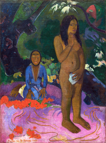 Parau Na Te Varua Ino (Words of the Devil) by Paul Gauguin, oil painting reproduction on canvas Parau Na Te Varua Ino (Words of the Devil)