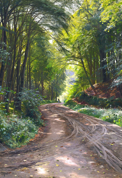 Sunrays on a forest road 1909 by Peder Mørk Mønsted, oil painting reproduction on canvas Sunrays on a forest road 1909