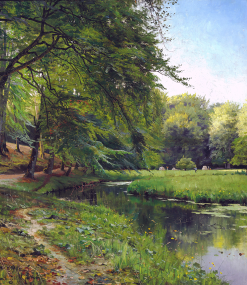 A clearing in the forest at a stream in Sorgenfri with harvest workers in the background 1886 by Peder Mørk Mønsted, oil painting reproduction on canvas A clearing in the forest at a stream in Sorgenfri with harvest workers in the background 1886