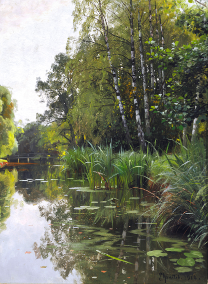 A summer day at a stream in the forest 1914 by Peder Mørk Mønsted, oil painting reproduction on canvas A summer day at a stream in the forest 1914