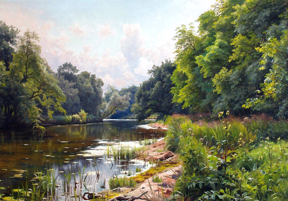 A tranquil river by Peder Mørk Mønsted, oil painting reproduction on canvas A tranquil river