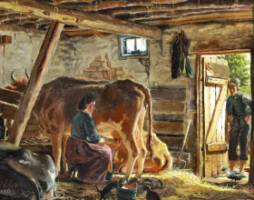 In the stable a girl is milking and a young man is watching 1877