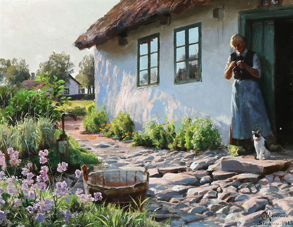An old woman knitting in the doorway, 1923 by Peder Mørk Mønsted, oil painting reproduction on canvas An old woman knitting in the doorway, 1923