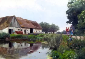 Children playing near a thatched farmhouse at Samsø 1931