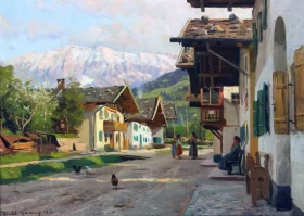 German scenery with persons and hens on a gravel road 1913