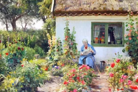 Old woman reading the daily news in front of a farmhouse 1936