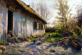 Children feeding ducks at sunrise 1919