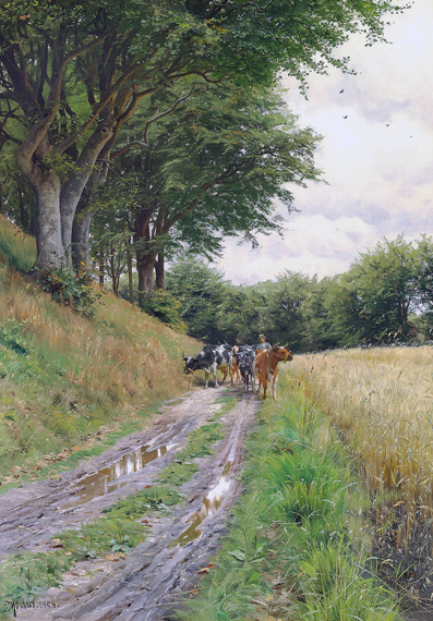 A farmer herding his cows along a path at the edge of a wood 1904