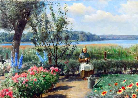 Have ved Esrum Sö, blomstrende Flora og Riddersporer 1937