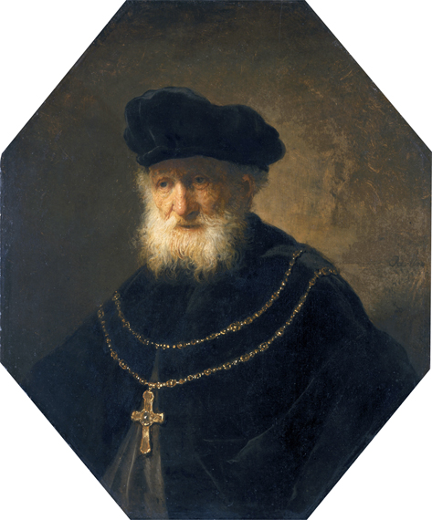 Bust of an old bearded man wearing a golden chain with a cross