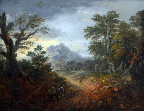 Forest landscape with figures, bridge, donkeys, mountain