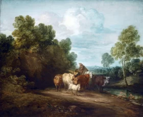 Devant la toilette 1894 Wooded Rocky Landscape with Mounted Peasant, Drover and Cattle