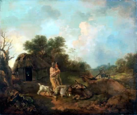 Forest landscape with an old peasant and donkeys by the barn