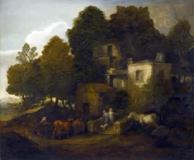 Wooded landscape with children descending the steps of a mansion