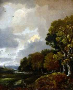 Landscape with trees and a field, a church tower in the distance