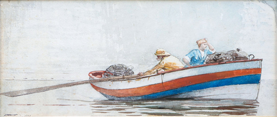 Fisherman and Girl in a Rowboat Streaked Red, White and Blue 1881 by Winslow Homer, oil painting reproduction on canvas Fisherman and Girl in a Rowboat Streaked Red, White and Blue 1881