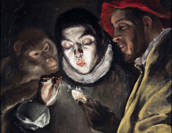 An Allegory with a Boy Lighting a Candle in the Company of an Ape and a Fool (Fábula) by El Greco, oil painting reproduction on canvas An Allegory with a Boy Lighting a Candle in the Company of an Ape and a Fool (Fábula)