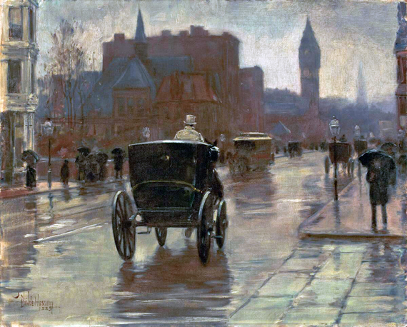 Columbus Avenue, Rainy Day 1885 by Childe Hassam, oil painting reproduction on canvas Columbus Avenue, Rainy Day 1885