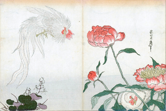 Rooster, hen and peonies