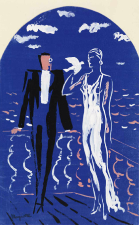 Couple in evening dress on a terrace with a dove