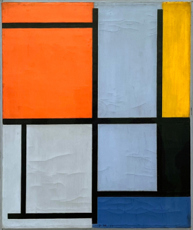 Composition No. 3 with red-orange, yellow, black, blue and grey, 1921