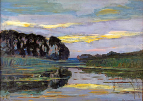 Farmstead on the Gein screened by tall trees with streaked sky