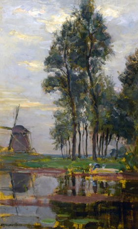 Windmill near Tall Trees with Woman at the Wash Stoop 1907