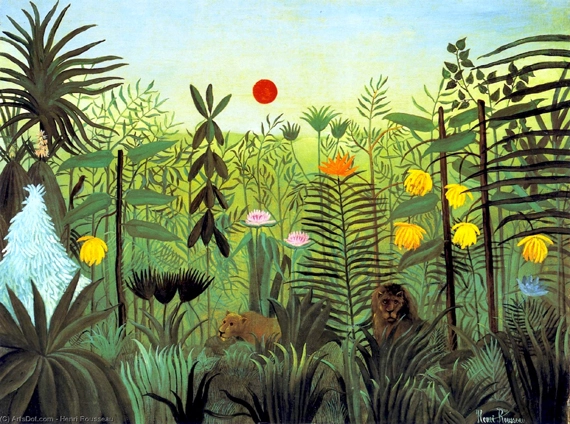 Exotic Landscape with Lion and Lioness by Henri Rousseau, oil painting reproduction on canvas Exotic Landscape with Lion and Lioness