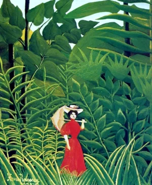 Woman with an Umbrella in an Exotic Forest