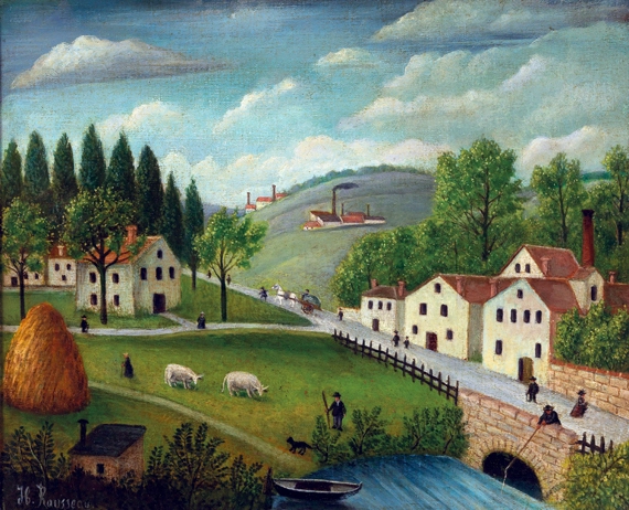 Pastoral landscape with stream, fisherman and stroller
