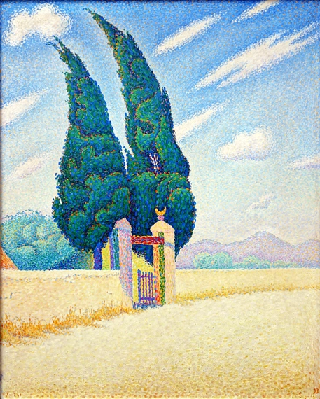 Les Deux Cyprès, Opus 241 (Mistral) by Paul Signac, oil painting reproduction on canvas Les Deux Cyprès, Opus 241 (Mistral)