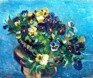 Basket Of Pansies On A Small Table