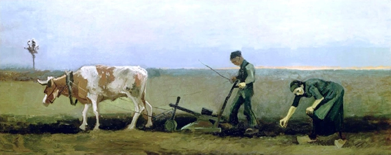 Ploughman With Woman Planting Potatoes by Vincent Van Gogh, oil painting reproduction on canvas Ploughman With Woman Planting Potatoes