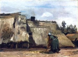 A Peasant Woman Digging In Front Of Her Cottage