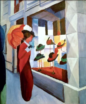 Woman With Umbrella In Front Of A Hat Shop (1914)